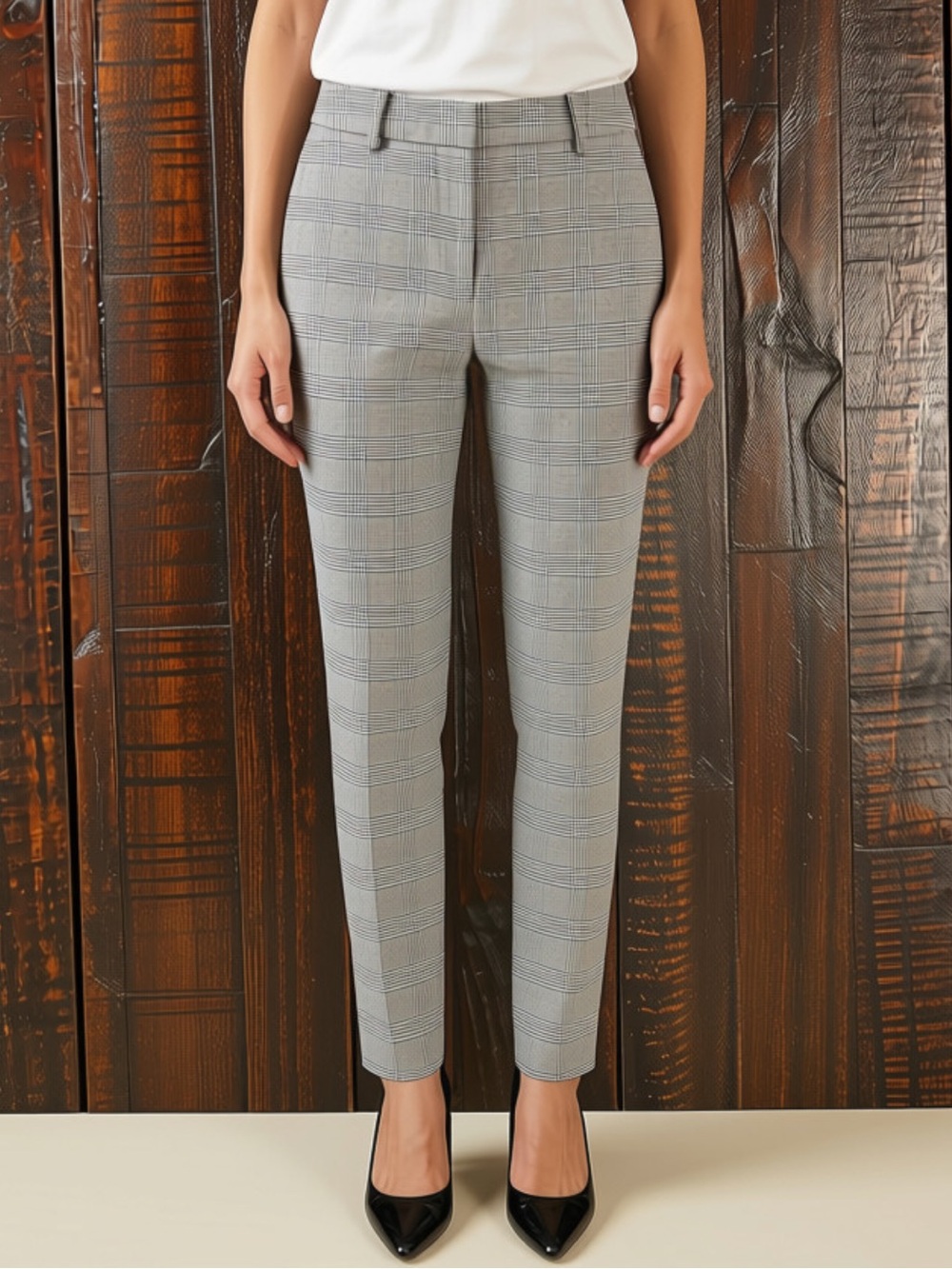 Women's Gray Plaid Houndstooth Slim-Leg Pants - 0 Petite
